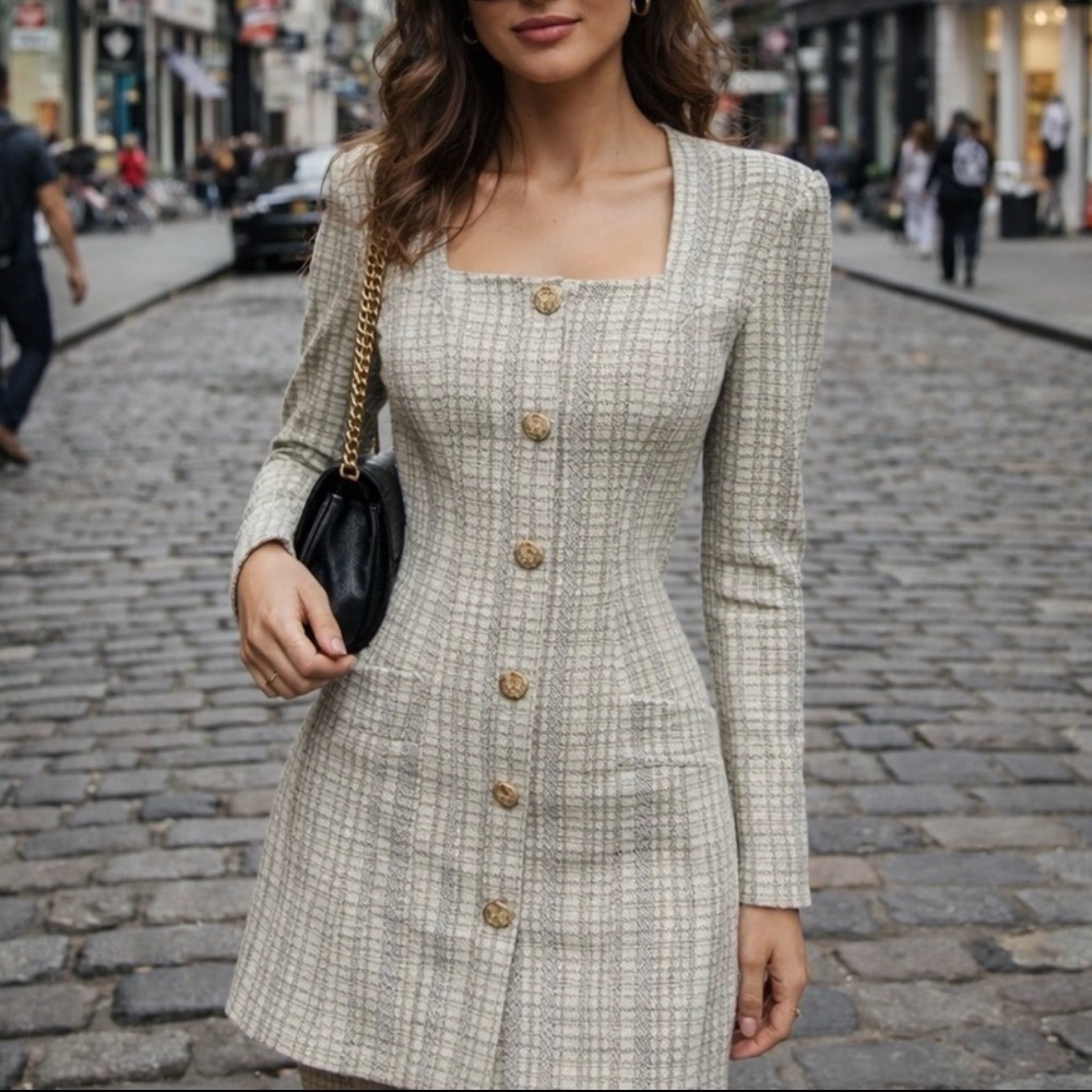 SHEIN Gray Plaid Button-Up Dress